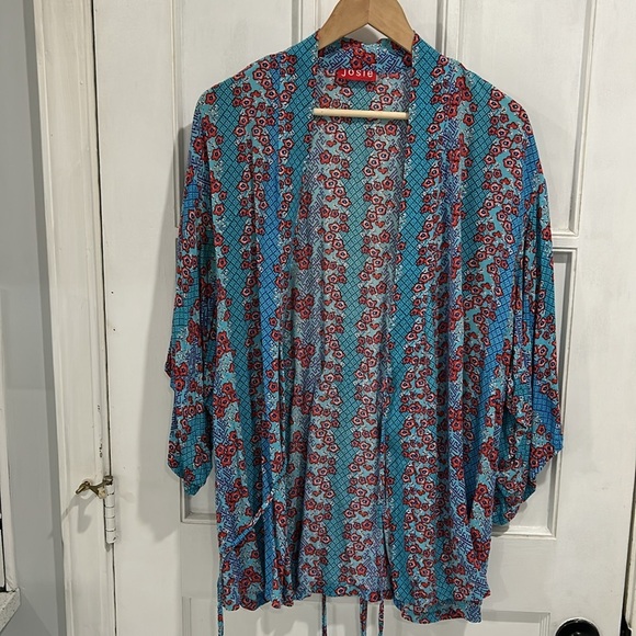 Josie Natori Rayon Colorful Floral Asian Attached Belt Kimono Robe - Size Small - Picture 7 of 11